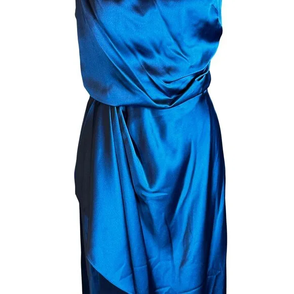 NWT XSCAPE One-Shoulder Satin Gown Ocean Blue Size 6 - Picture 9 of 16